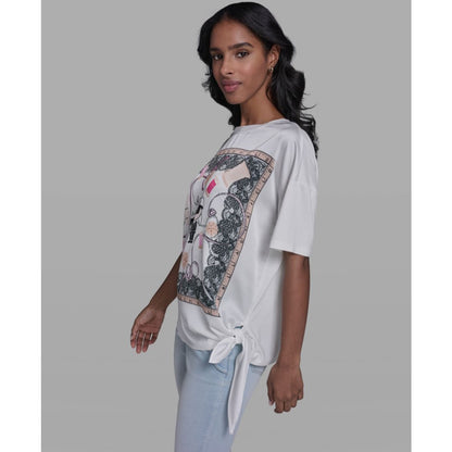 Karl Lagerfeld Paris Women's Karl & Choupette Frame Side Tie Crew Neck T-Shirt