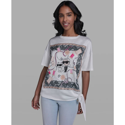 Karl Lagerfeld Paris Women's Karl & Choupette Frame Side Tie Crew Neck T-Shirt