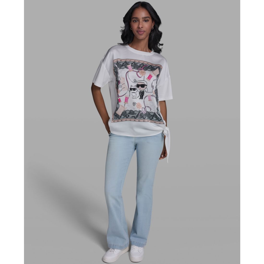 Karl Lagerfeld Paris Women's Karl & Choupette Frame Side Tie Crew Neck T-Shirt