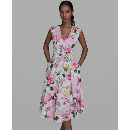 Karl Lagerfeld Paris Women's Placed Floral V-Neck Midi Dress
