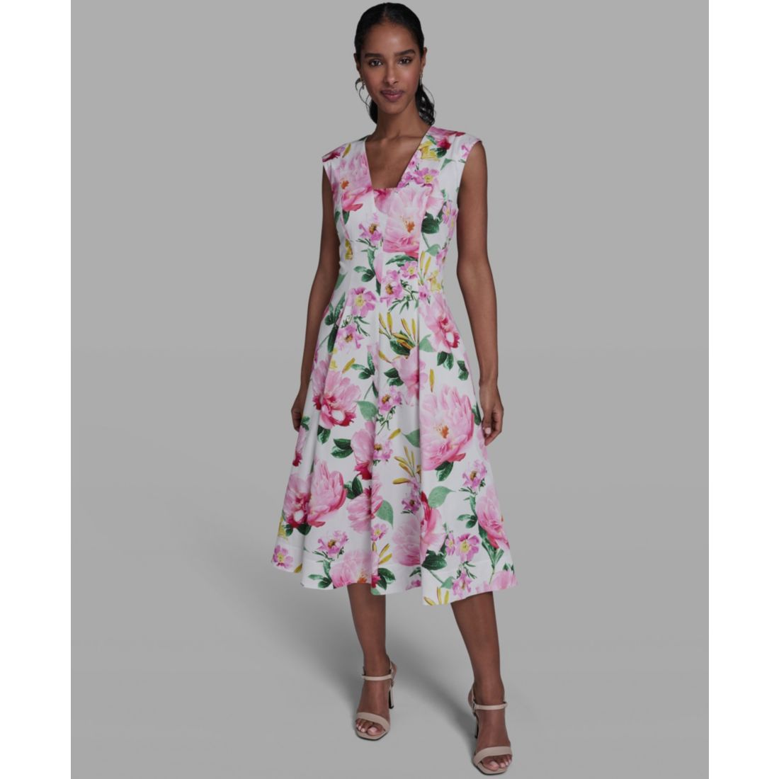 Karl Lagerfeld Paris Women's Placed Floral V-Neck Midi Dress