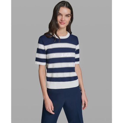 Karl Lagerfeld Paris Women's Short-Sleeve Crewneck Sequin Stripe Sweater