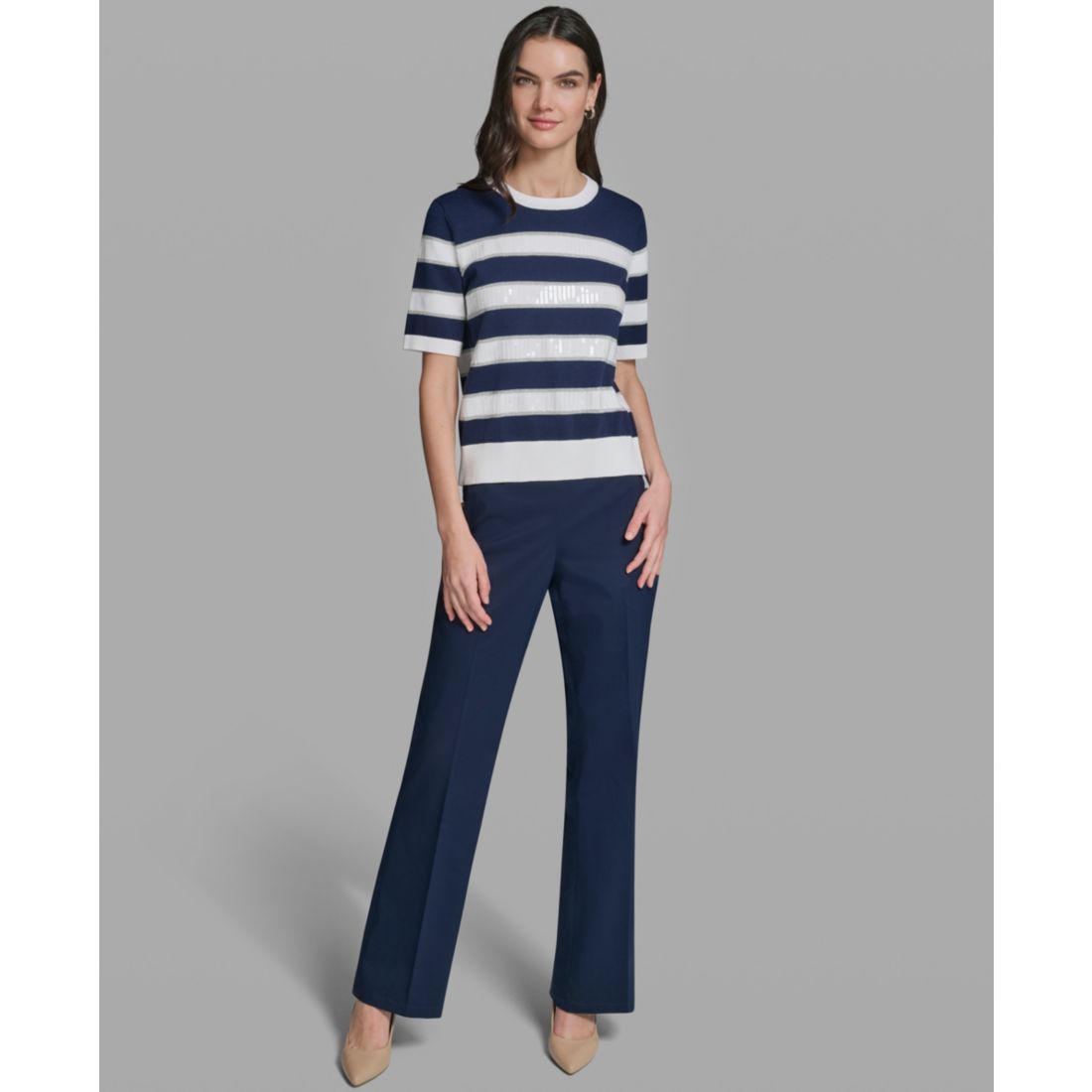 Karl Lagerfeld Paris Women's Short-Sleeve Crewneck Sequin Stripe Sweater