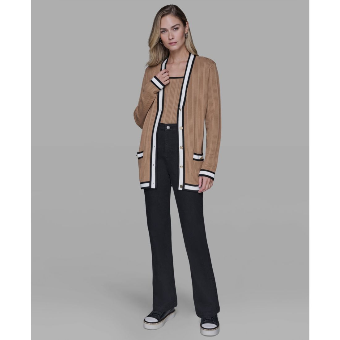 Karl Lagerfeld Paris Women's V-Neck Contrast Cardigan