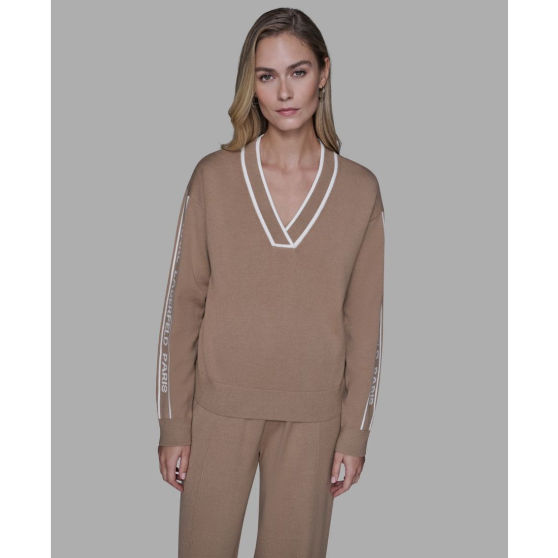 Karl Lagerfeld Paris Women's Logo Tape V-Neck Sweater