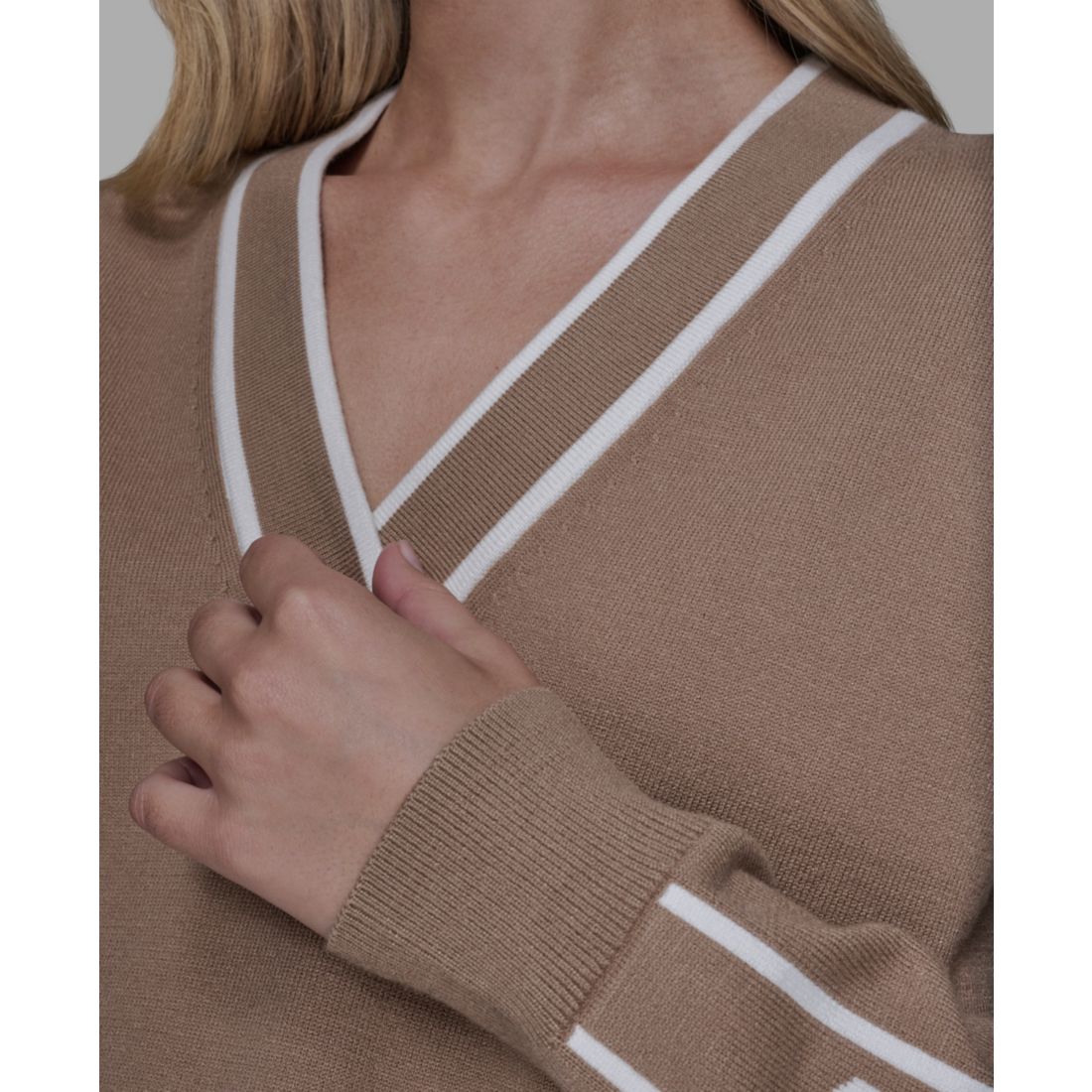 Karl Lagerfeld Paris Women's Logo Tape V-Neck Sweater