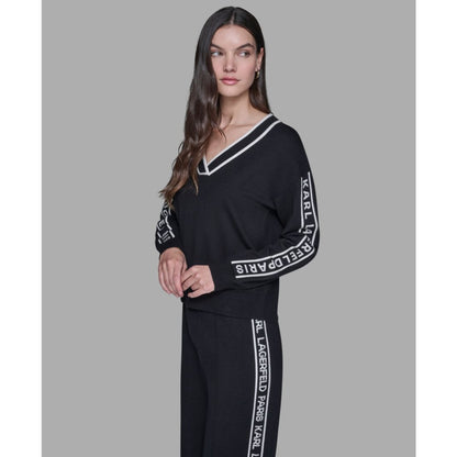 Karl Lagerfeld Paris Women's Logo Tape V-Neck Sweater