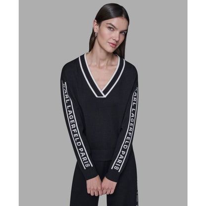 Karl Lagerfeld Paris Women's Logo Tape V-Neck Sweater