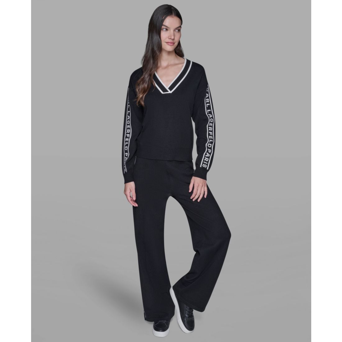 Karl Lagerfeld Paris Women's Logo Tape V-Neck Sweater