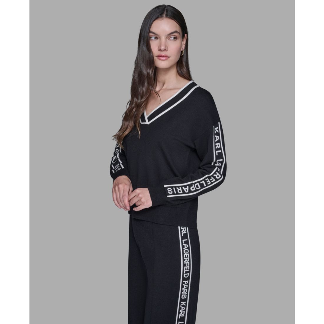 Karl Lagerfeld Paris Women's Logo Tape V-Neck Sweater