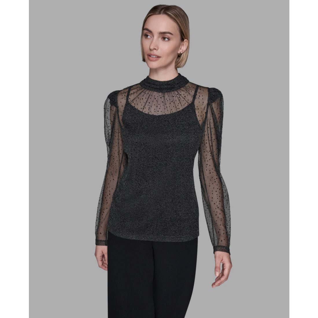 Karl Lagerfeld Paris Women's Metallic Mesh High Neck Top