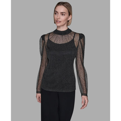 Karl Lagerfeld Paris Women's Metallic Mesh High Neck Top