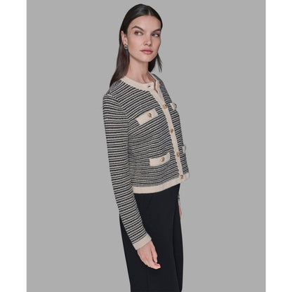 Karl Lagerfeld Paris Women's Striped Crewneck Cardigan Sweater