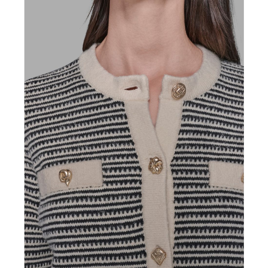 Karl Lagerfeld Paris Women's Striped Crewneck Cardigan Sweater