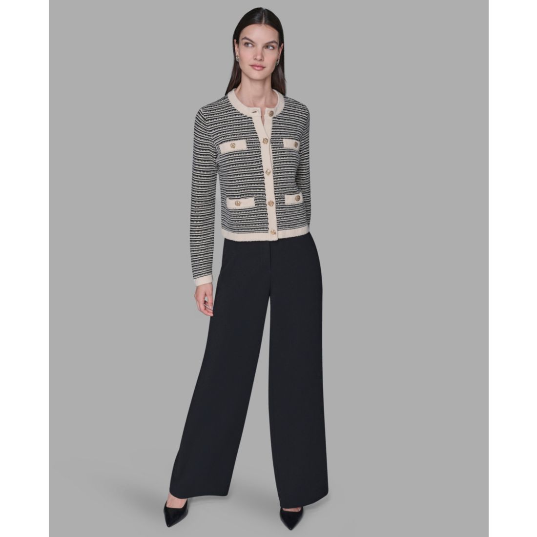 Karl Lagerfeld Paris Women's Striped Crewneck Cardigan Sweater