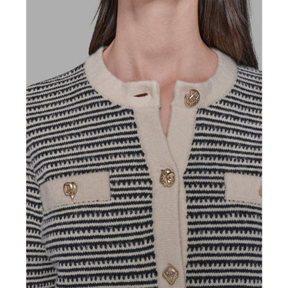 Karl Lagerfeld Paris Women's Striped Crewneck Cardigan Sweater