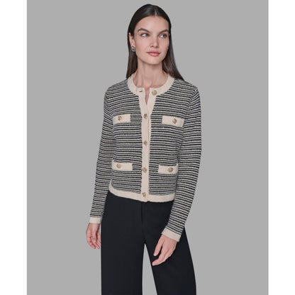 Karl Lagerfeld Paris Women's Striped Crewneck Cardigan Sweater