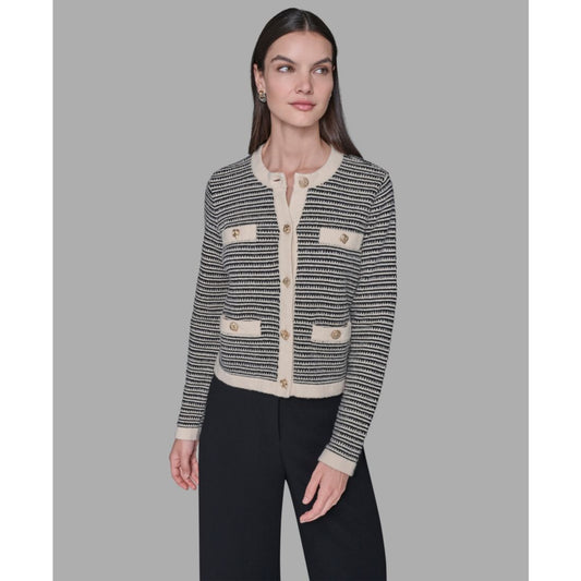 Karl Lagerfeld Paris Women's Striped Crewneck Cardigan Sweater