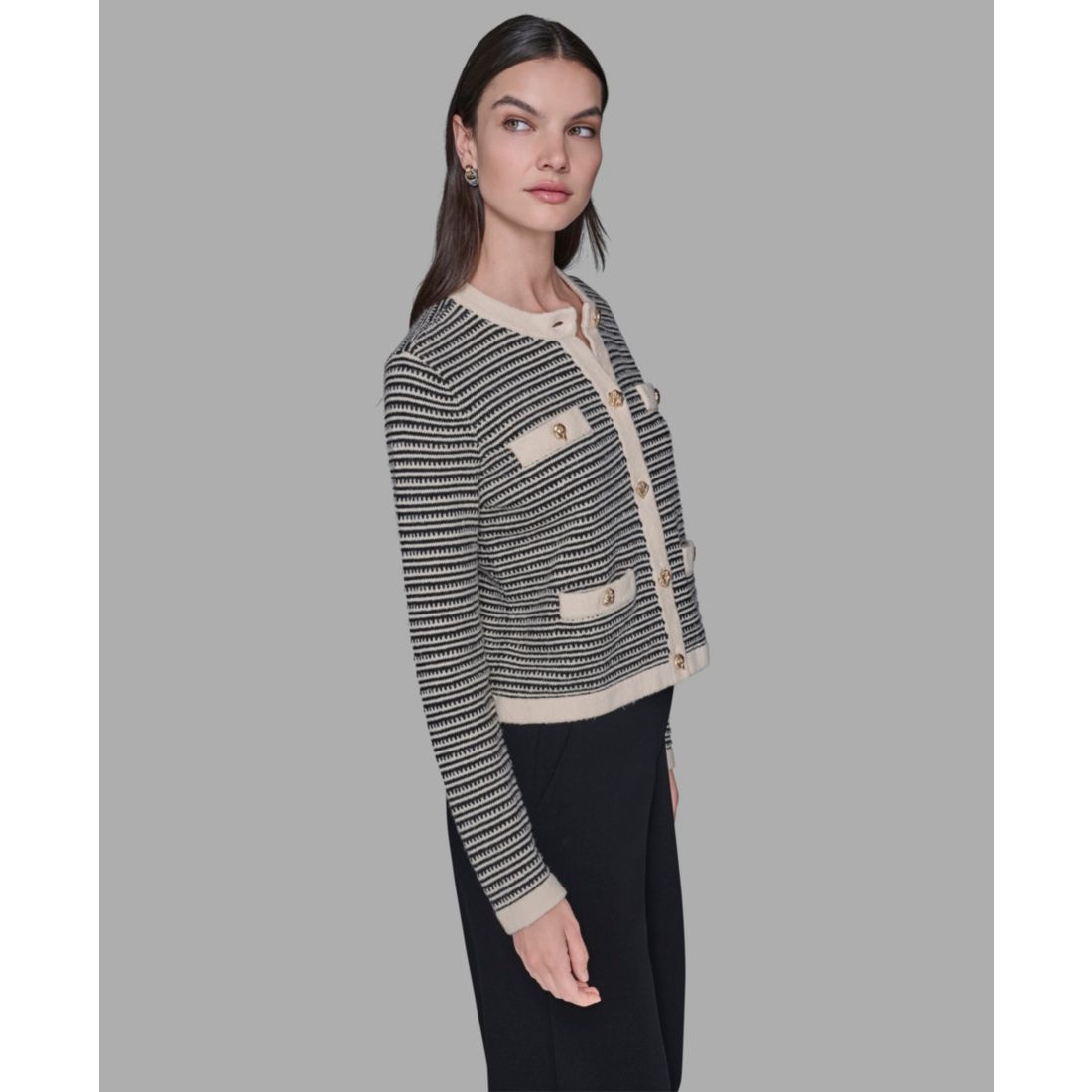 Karl Lagerfeld Paris Women's Striped Crewneck Cardigan Sweater