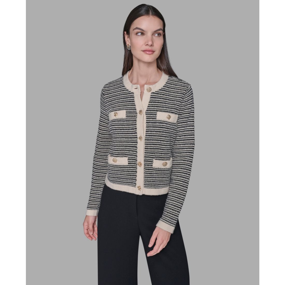 Karl Lagerfeld Paris Women's Striped Crewneck Cardigan Sweater