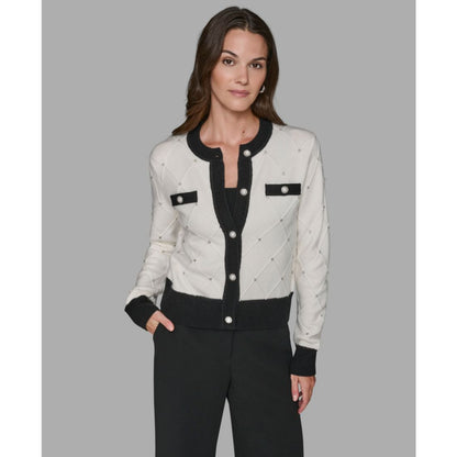 Karl Lagerfeld Paris Women's Crew Neck Front-Button Cardigan Sweater