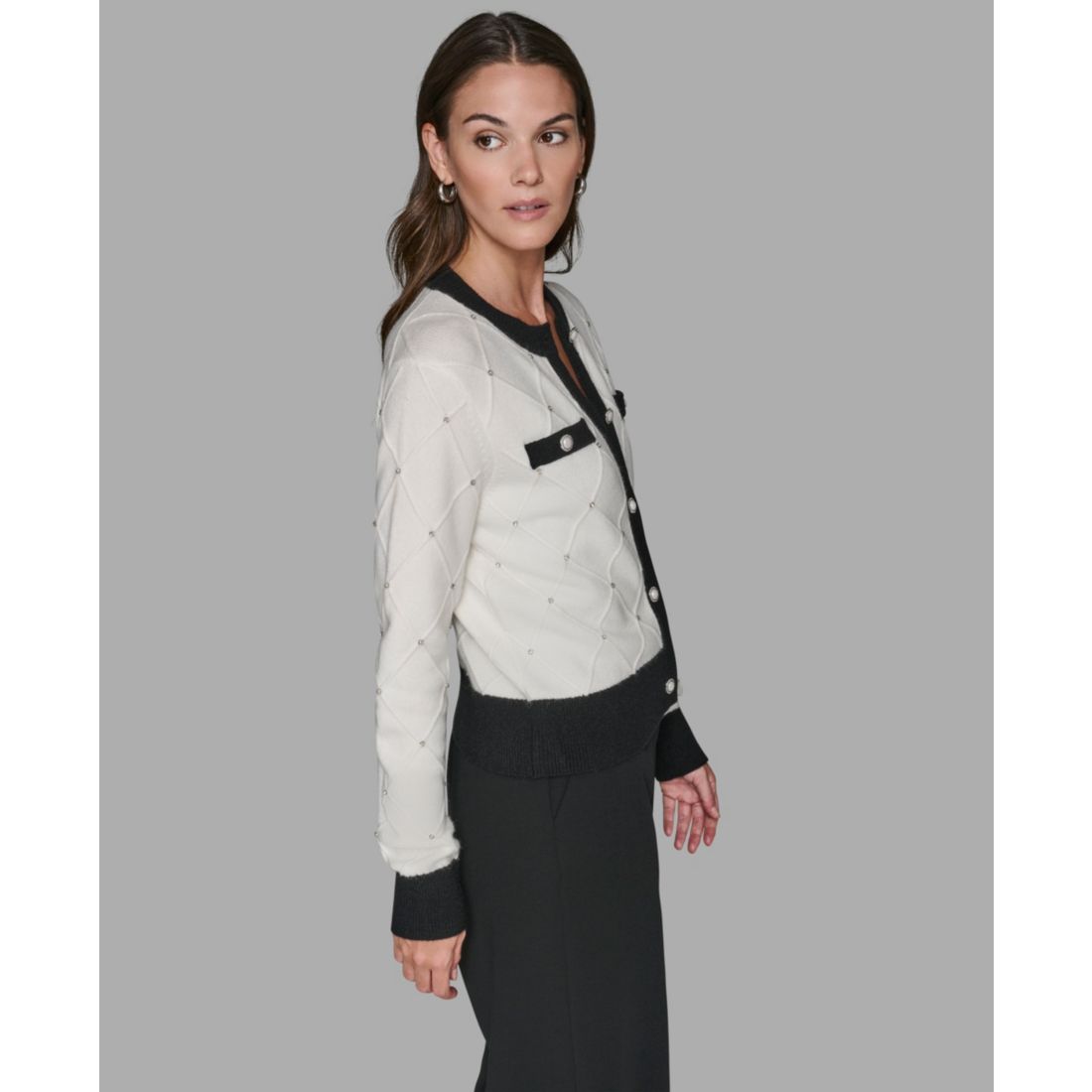 Karl Lagerfeld Paris Women's Crew Neck Front-Button Cardigan Sweater