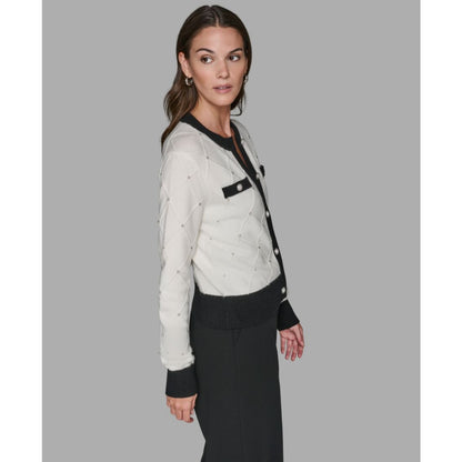 Karl Lagerfeld Paris Women's Crew Neck Front-Button Cardigan Sweater