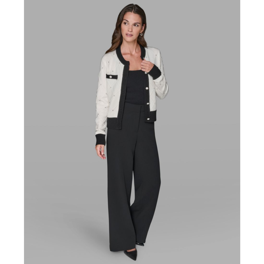 Karl Lagerfeld Paris Women's Crew Neck Front-Button Cardigan Sweater