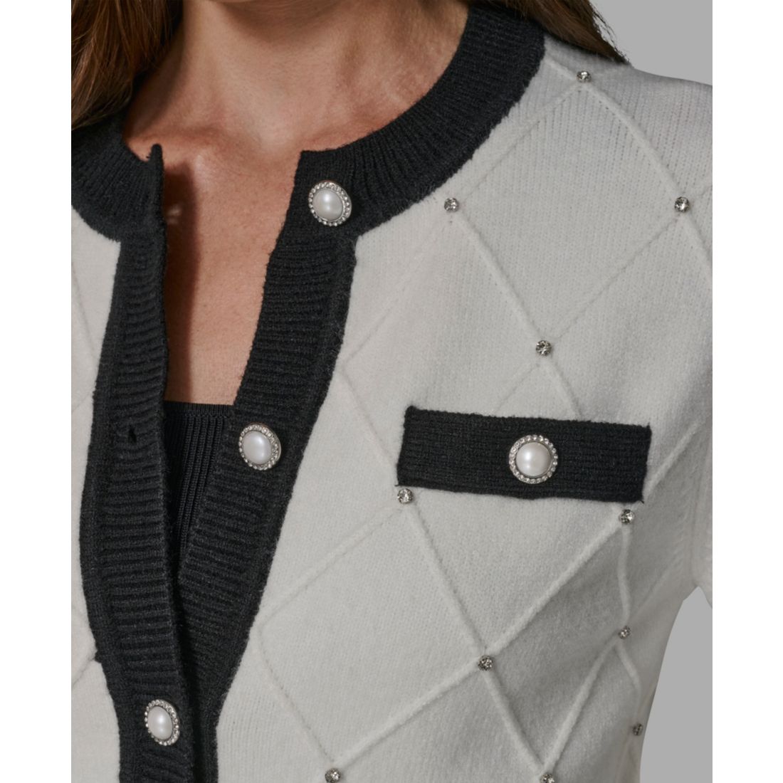 Karl Lagerfeld Paris Women's Crew Neck Front-Button Cardigan Sweater