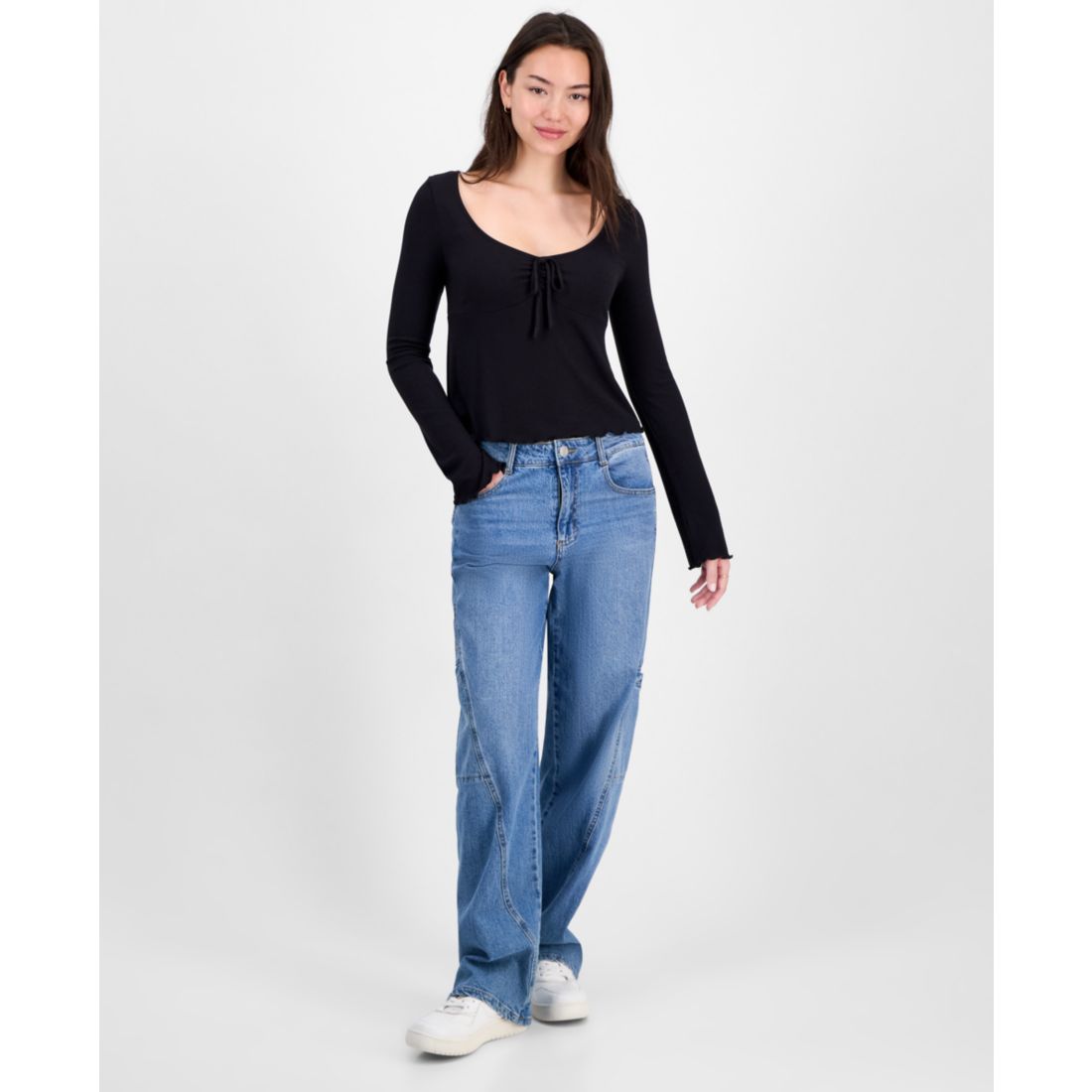Self Esteem Juniors' Solid V-Neck Rib Knit Long Sleeve