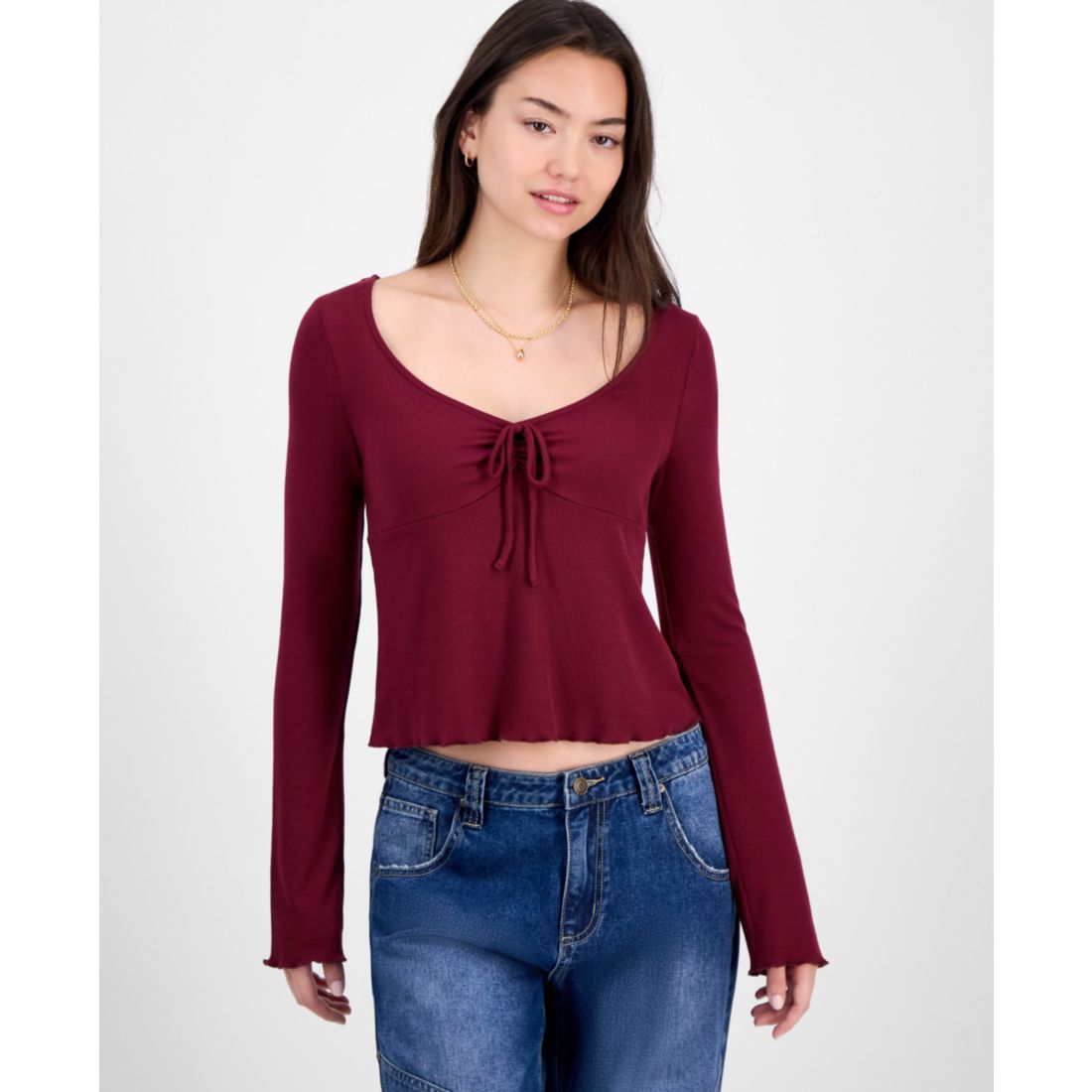 Self Esteem Juniors' Solid V-Neck Rib Knit Long Sleeve