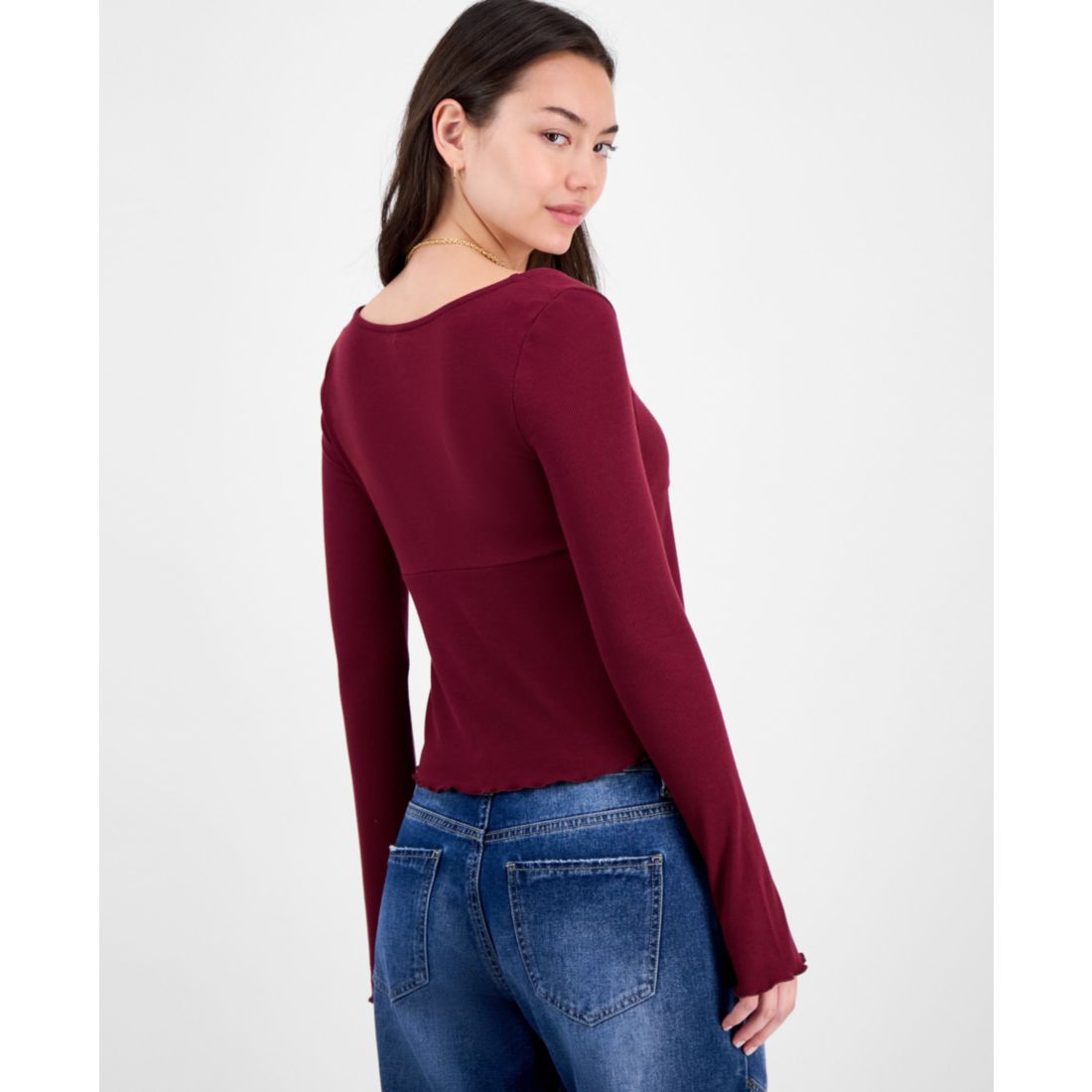 Self Esteem Juniors' Solid V-Neck Rib Knit Long Sleeve