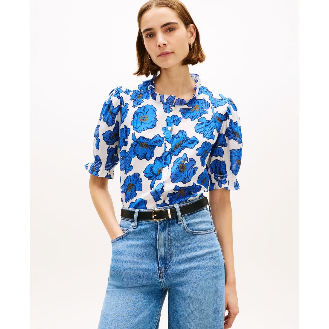 Tommy Hilfiger Women's Pin Tuck Cambric Short-Sleeve Blouse Top