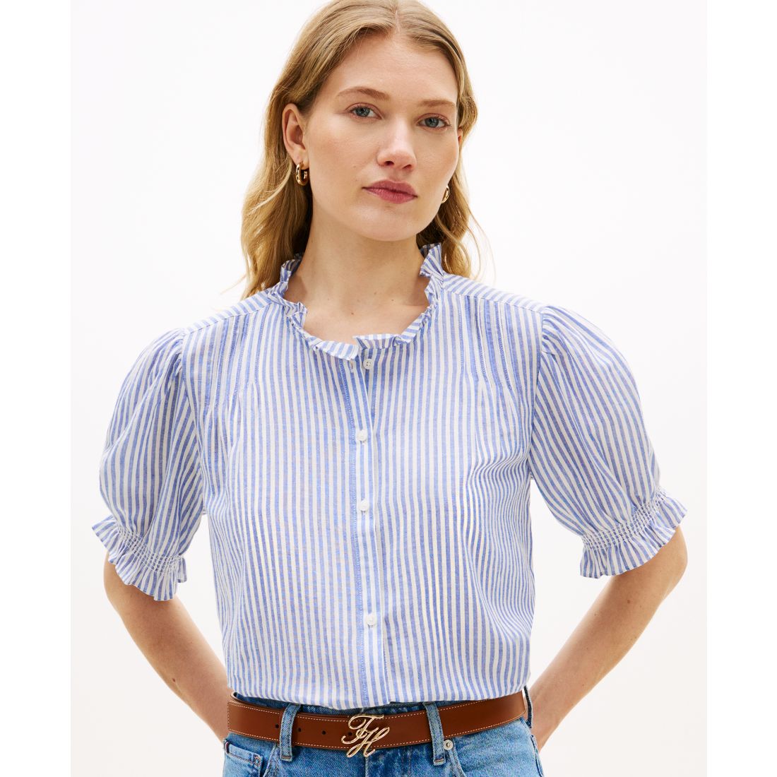 Tommy Hilfiger Women's Pin Tuck Cambric Short-Sleeve Blouse Top