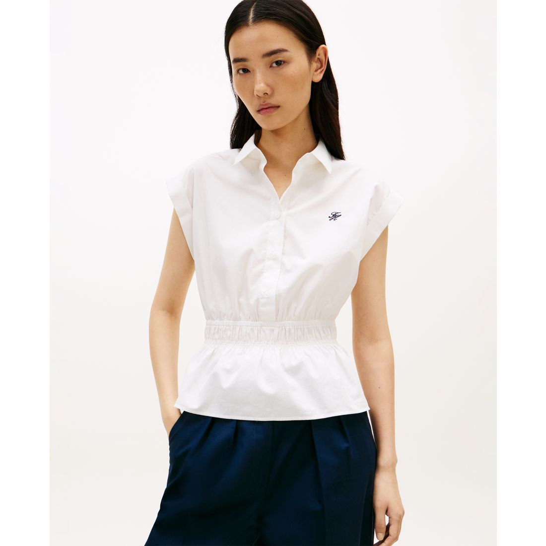 Tommy Hilfiger Women's Smocked Waist Shirt - Banker Stripe Vessel Blue / White