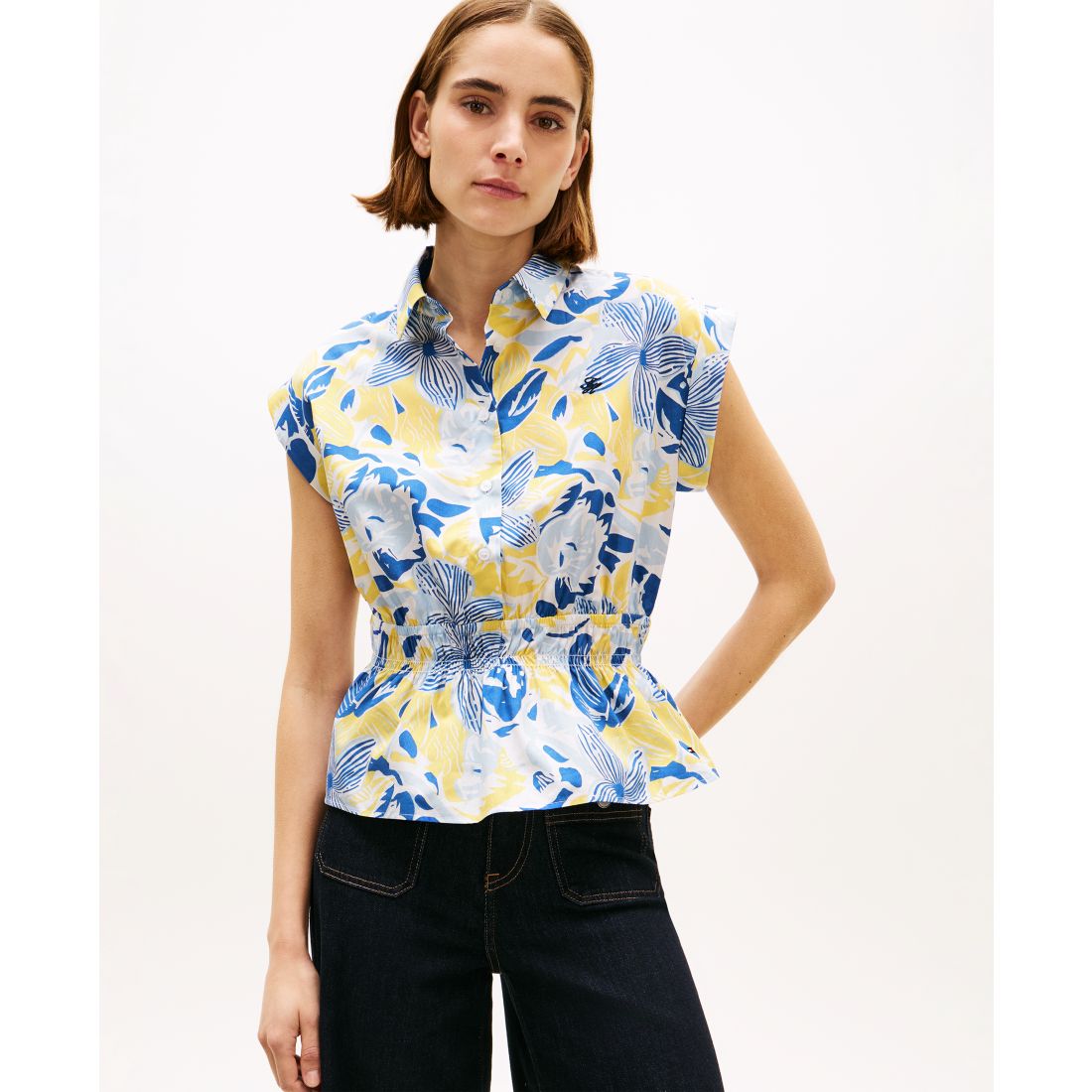 Tommy Hilfiger Women's Smocked Waist Shirt - Banker Stripe Vessel Blue / White