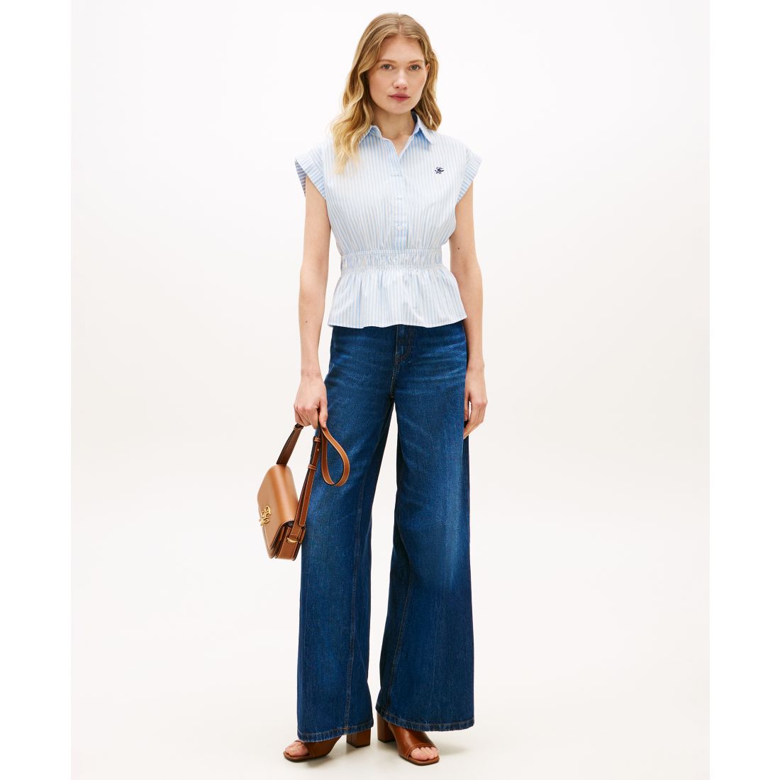 Tommy Hilfiger Women's Smocked Waist Shirt - Banker Stripe Vessel Blue / White