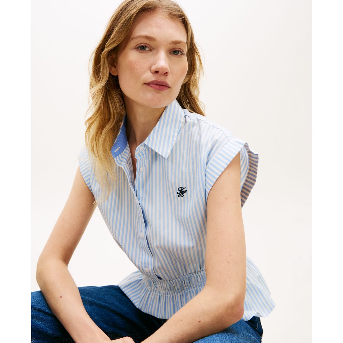 Tommy Hilfiger Women's Smocked Waist Shirt - Banker Stripe Vessel Blue / White
