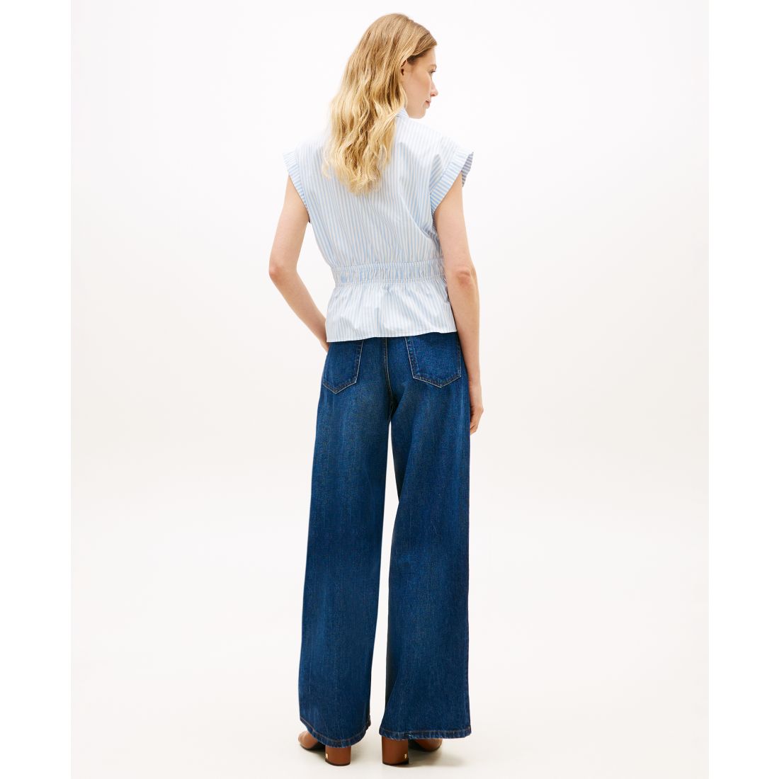 Tommy Hilfiger Women's Smocked Waist Shirt - Banker Stripe Vessel Blue / White