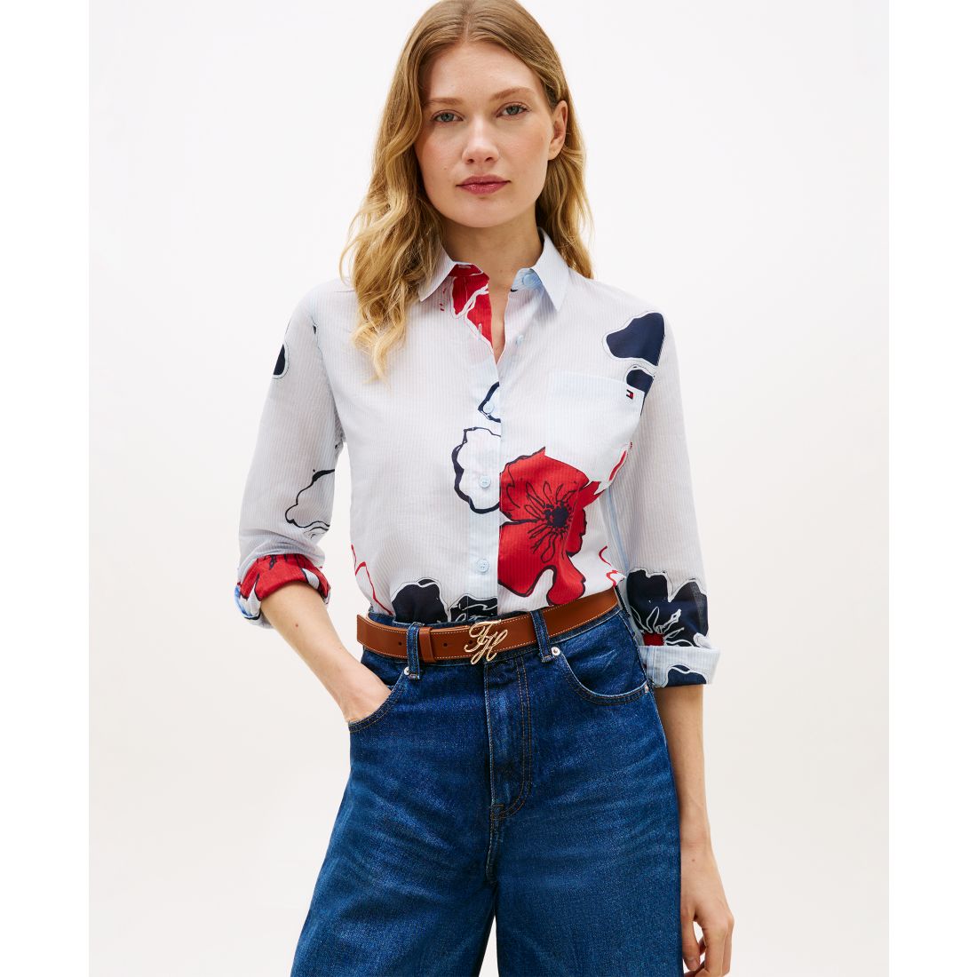 Tommy Hilfiger Women's Printed Button-Front Roll-Tab Shirt