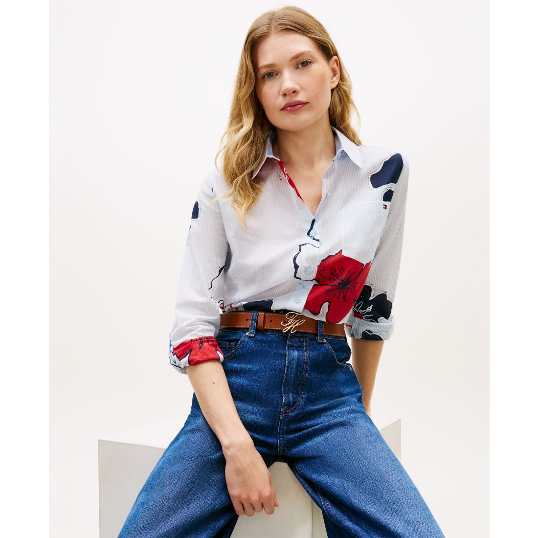 Tommy Hilfiger Women's Printed Button-Front Roll-Tab Shirt