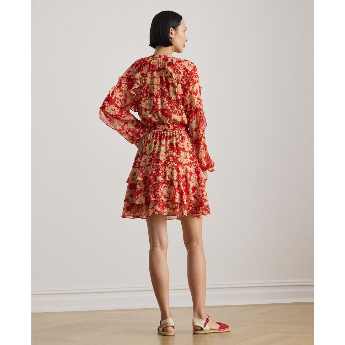 Lauren Ralph Lauren Women's Print Ruffle Trim Band Collar Tiered Dress