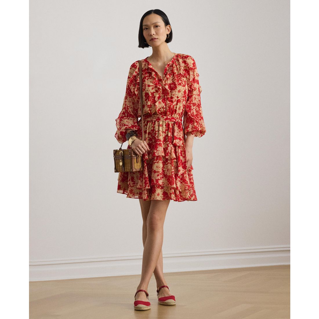 Lauren Ralph Lauren Women's Print Ruffle Trim Band Collar Tiered Dress