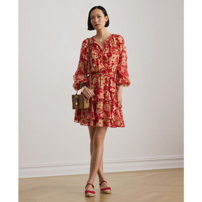 Lauren Ralph Lauren Women's Print Ruffle Trim Band Collar Tiered Dress