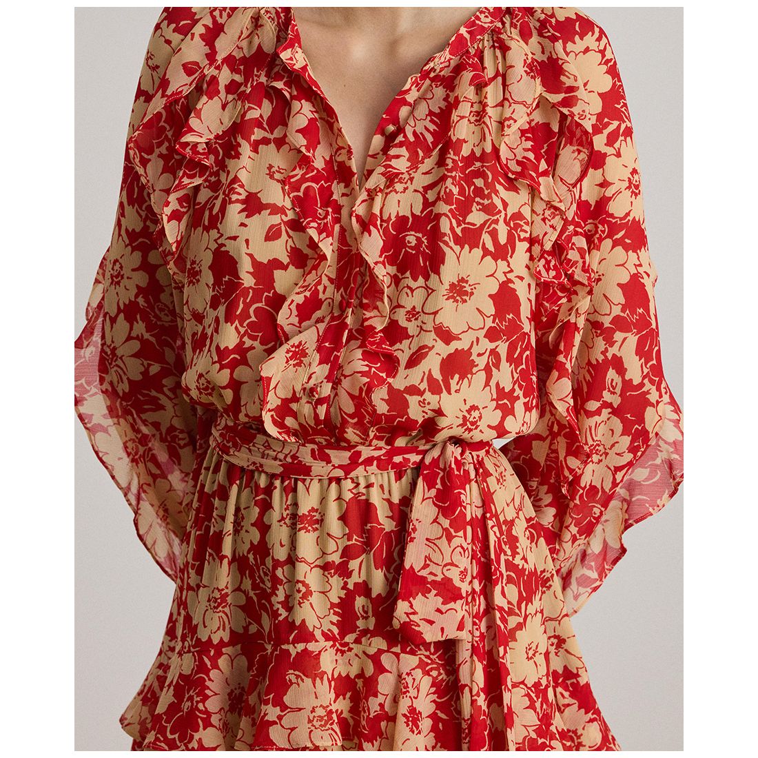 Lauren Ralph Lauren Women's Print Ruffle Trim Band Collar Tiered Dress