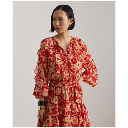 Lauren Ralph Lauren Women's Print Ruffle Trim Band Collar Tiered Dress