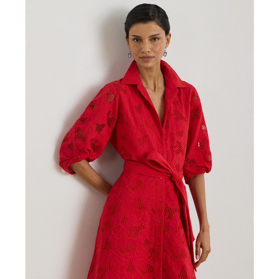 Lauren Ralph Lauren Women's Eyelet Voile Balloon-Sleeve Collared Shirt Dress