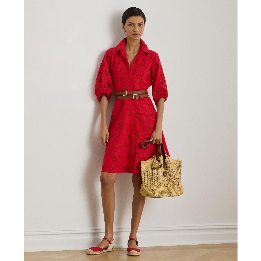 Lauren Ralph Lauren Women's Eyelet Voile Balloon-Sleeve Collared Shirt Dress