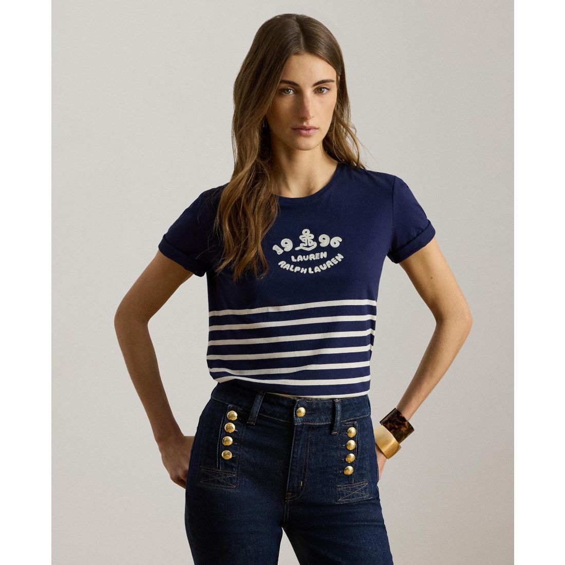 Lauren Ralph Lauren Women's Striped Embroidered Logo Crewneck T-Shirt