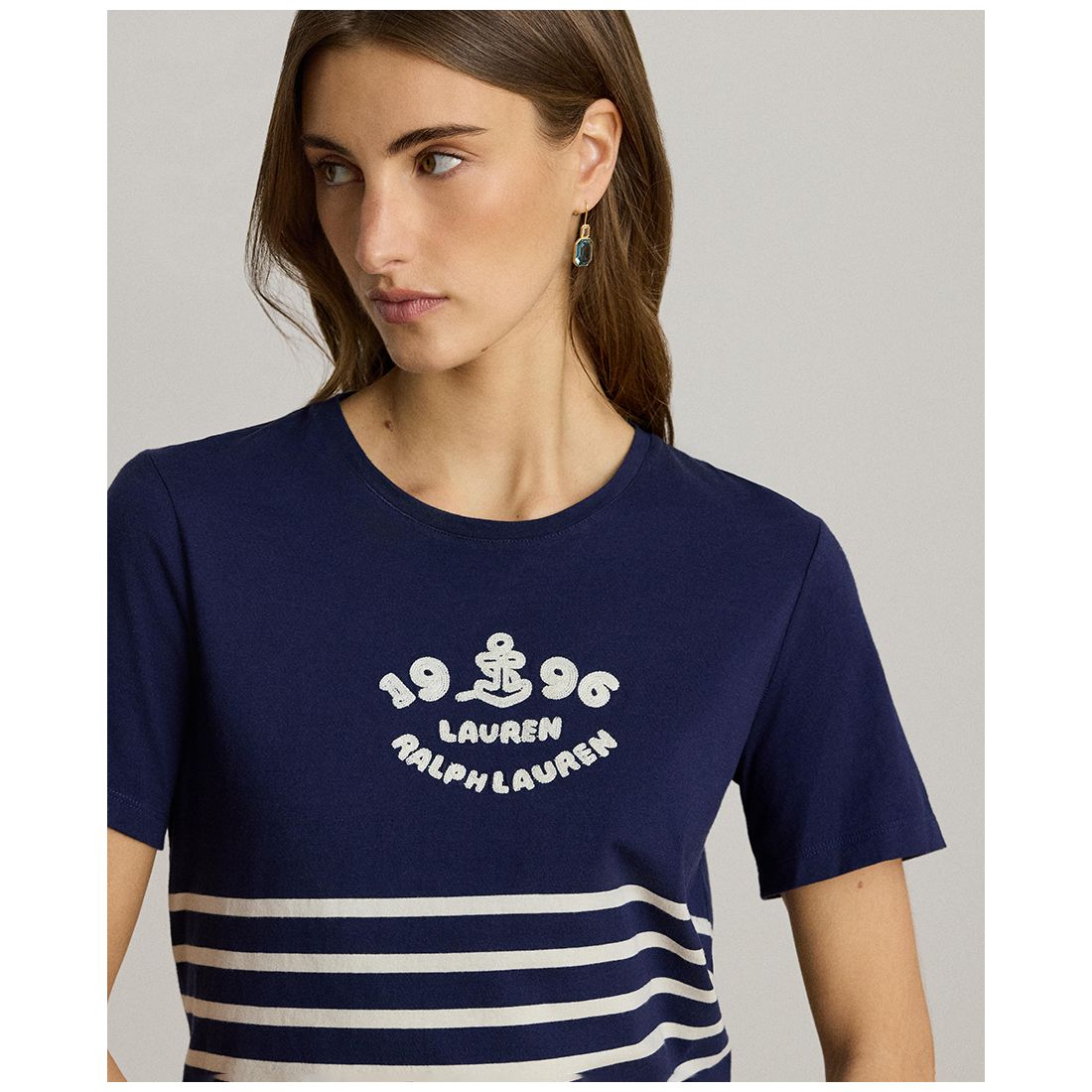 Lauren Ralph Lauren Women's Striped Embroidered Logo Crewneck T-Shirt